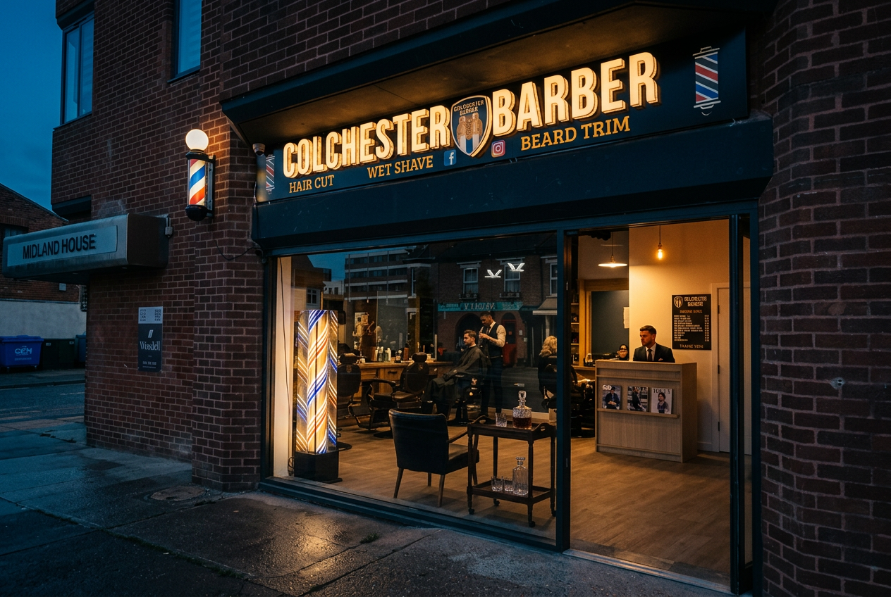 Inside Colchester Barber — vintage barber chairs and brass detailing